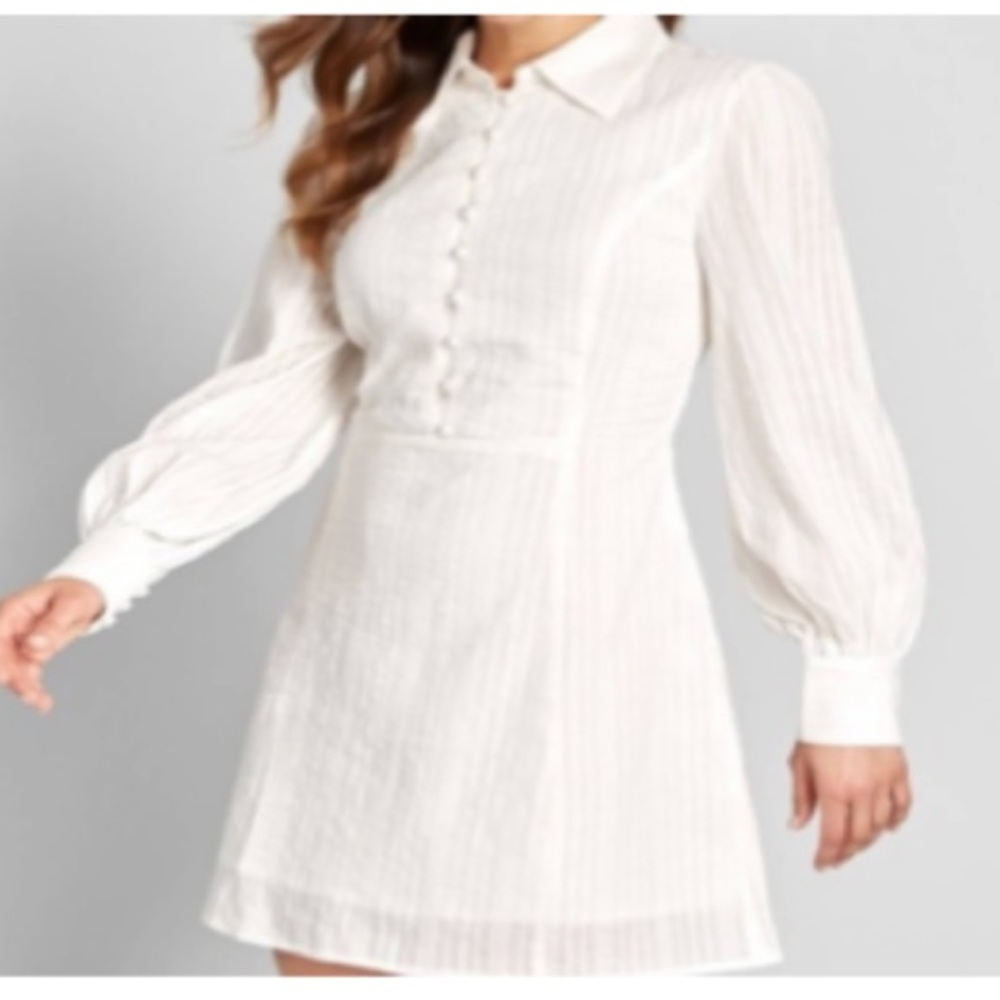 ModCloth White Longsleeve Bib Collared Shirt Dress